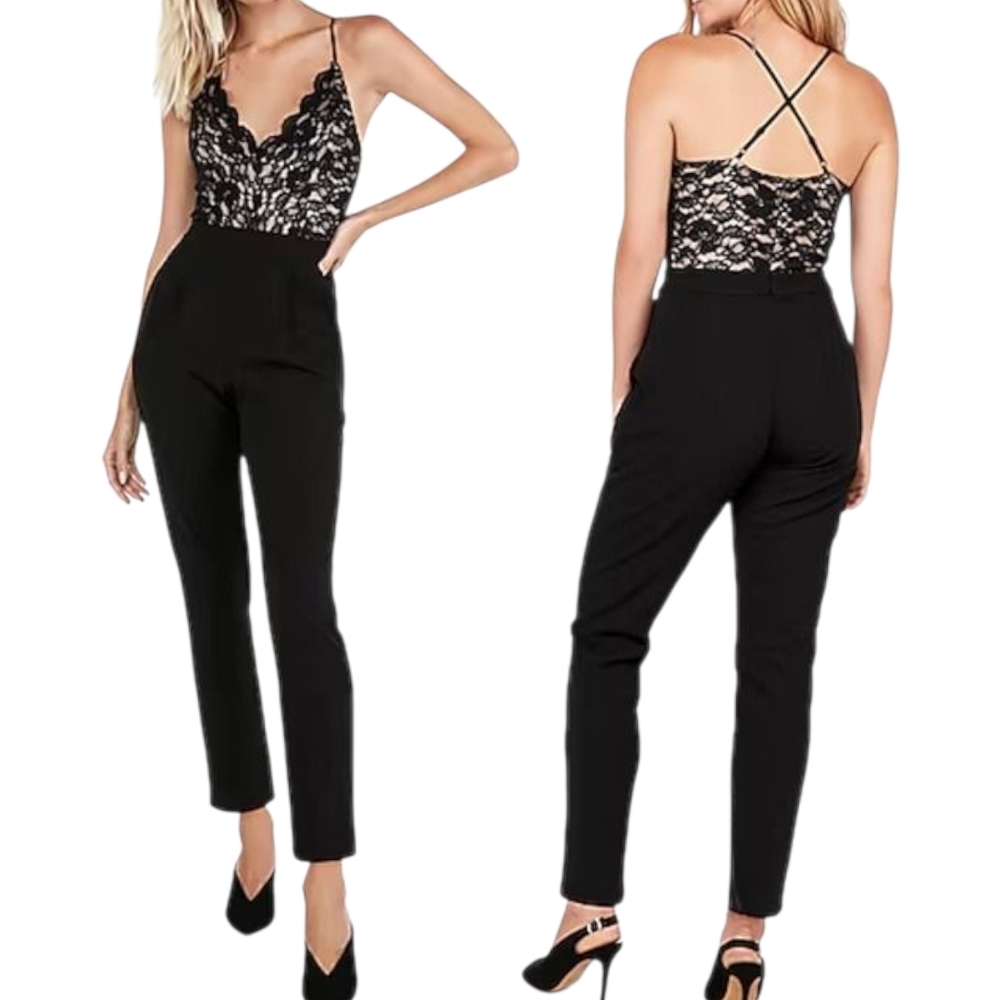 Express Lace Bodice‎ Criss Cross Back Black Jumpsuit Size Large